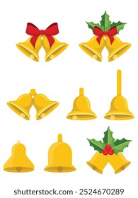 Christmas bells adorned with holly and a decorative bow, perfect for festive decorations and holiday-themed designs