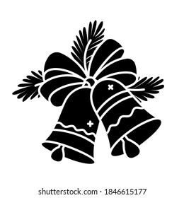 Christmas bells black glyph icon. Silhouette on white background. Negative space.  Duotone solid symbol. Pixel perfect. Flat pictogram. Vector isolated illustration