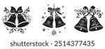 Christmas bells black silhouette. Christmas bell decorations with ribbons, holly, and snowflake designs in festive arrangement.  Winter holidays festive decoration. 