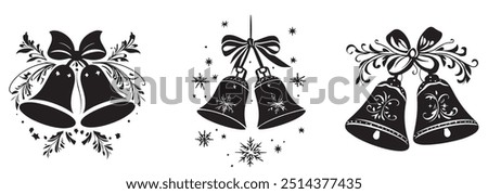 Christmas bells black silhouette. Christmas bell decorations with ribbons, holly, and snowflake designs in festive arrangement.  Winter holidays festive decoration. 