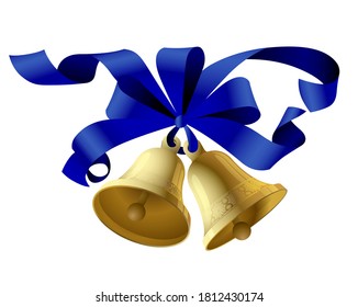 Christmas bells with a blue ribbon isolated on white. Vector illustration