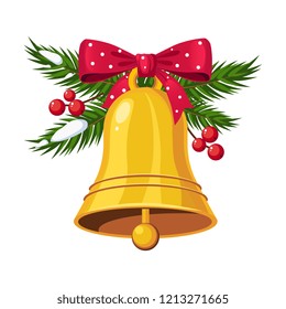 Christmas Bells with Bow and Berries. Holiday Vector