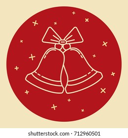 Christmas bells with bow icon in thin line style. Traditional symbol in round frame.