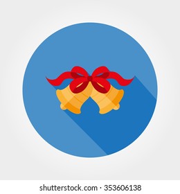 Christmas bells with bow. Icon for web and mobile application. Vector illustration on a button with a long shadow. Flat design style.
