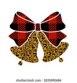 Christmas bells with a bow. Leopard bells with a red buffalo plaid bow. Stylish bells with a bow.