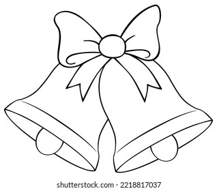 Christmas bells with bow outline. Coloring book page for children. Vector illustration isolated on white background.