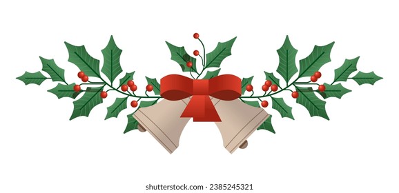 Christmas bells with branches and holly berries. Flat vector decoration element