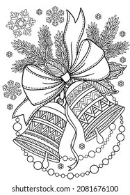 Christmas bells in with branches. Vector mandala coloring book for adults. Black and white Page for coloring book and Christmas design