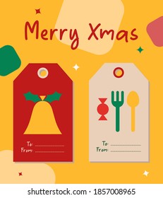 Weihnachtsglocken, Süßigkeiten, Gabel, Spoon Einfache geometrische Illustration für Weihnachtsgeschenk-Tags und -Labels
