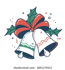 Christmas bells color flat icon. Thin line pictogram. Isolated vector illustration with contour. Editable stroke. Pixel perfect