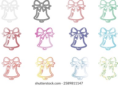 Christmas bells, colorful outlines, minimalist design, festive icons, repeating pattern, holiday illustration, pastel colors, simple line art, cheerful graphics, seasonal motif, bell shape with bow, m