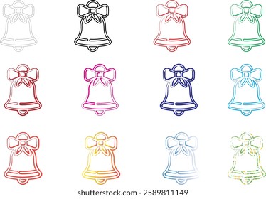 Christmas bells, colorful outlines, minimalist design, festive icons, repeating pattern, holiday illustration, pastel colors, simple line art, cheerful graphics, seasonal motif, bell shape with bow, m