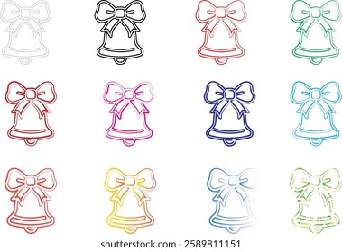 Christmas bells, colorful outlines, minimalist design, festive icons, repeating pattern, holiday illustration, pastel colors, simple line art, cheerful graphics, seasonal motif, bell shape with bow, m