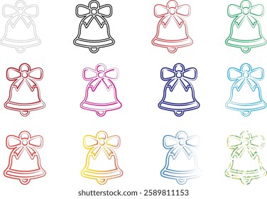 Christmas bells, colorful outlines, minimalist design, festive icons, repeating pattern, holiday illustration, pastel colors, simple line art, cheerful graphics, seasonal motif, bell shape with bow, m