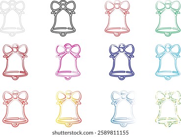 Christmas bells, colorful outlines, minimalist design, festive icons, repeating pattern, holiday illustration, pastel colors, simple line art, cheerful graphics, seasonal motif, bell shape with bow, m