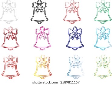 Christmas bells, colorful outlines, minimalist design, festive icons, repeating pattern, holiday illustration, pastel colors, simple line art, cheerful graphics, seasonal motif, bell shape with bow, m