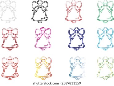 Christmas bells, colorful outlines, minimalist design, festive icons, repeating pattern, holiday illustration, pastel colors, simple line art, cheerful graphics, seasonal motif, bell shape with bow, m