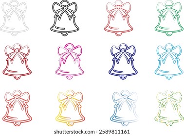 Christmas bells, colorful outlines, minimalist design, festive icons, repeating pattern, holiday illustration, pastel colors, simple line art, cheerful graphics, seasonal motif, bell shape with bow, m