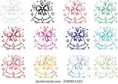 Christmas bells, colorful outlines, minimalist design, festive icons, repeating pattern, holiday illustration, pastel colors, simple line art, cheerful graphics, seasonal motif, bell shape with bow, m