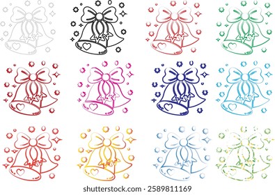 Christmas bells, colorful outlines, minimalist design, festive icons, repeating pattern, holiday illustration, pastel colors, simple line art, cheerful graphics, seasonal motif, bell shape with bow, m