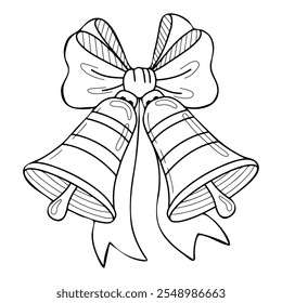 Christmas bells coloring book hand drawn. Festive bell, ringing. Bow, ribbon. Decoration. Event, celebration. Vector line art illustration. Page for kids and adults.