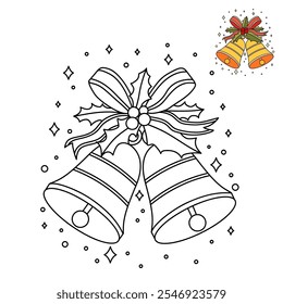 Christmas Bells coloring pages for kids. Christmas bell hanging on ribbon and holly berries leaves coloring page. Christmas Bells isolated on white background. Jingle bells christmas.