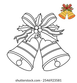 Christmas Bells coloring pages for kids. Christmas bell hanging on ribbon and holly berries leaves coloring page. Christmas Bells isolated on white background. Jingle bells christmas.