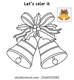 Christmas Bells coloring pages for kids. Christmas bell hanging on ribbon and holly berries leaves coloring page. Christmas Bells isolated on white background. Jingle bells christmas.