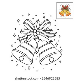 Christmas Bells coloring pages for kids. Christmas bell hanging on ribbon and holly berries leaves coloring page. Christmas Bells isolated on white background. Jingle bells christmas.