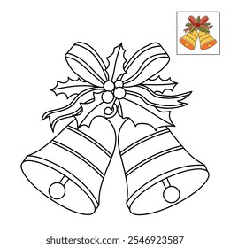 Christmas Bells coloring pages for kids. Christmas bell hanging on ribbon and holly berries leaves coloring page. Christmas Bells isolated on white background. Jingle bells christmas.