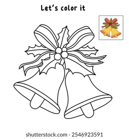 Christmas Bells coloring pages for kids. Christmas bell hanging on ribbon and holly berries leaves coloring page. Christmas Bells isolated on white background. Jingle bells christmas.