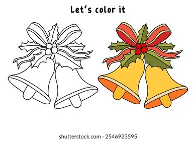 Christmas Bells coloring pages for kids. Christmas bell hanging on ribbon and holly berries leaves coloring page. Christmas Bells isolated on white background. Jingle bells christmas.