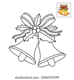 Christmas Bells coloring pages for kids. Christmas bell hanging on ribbon and holly berries leaves coloring page. Christmas Bells isolated on white background. Jingle bells christmas.