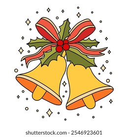 Christmas Bells coloring pages for kids. Christmas bell hanging on ribbon and holly berries leaves coloring page. Christmas Bells isolated on white background. Jingle bells christmas.