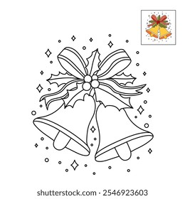 Christmas Bells coloring pages for kids. Christmas bell hanging on ribbon and holly berries leaves coloring page. Christmas Bells isolated on white background. Jingle bells christmas.