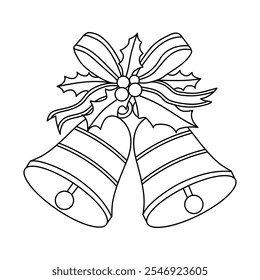 Christmas Bells coloring pages for kids. Christmas bell hanging on ribbon and holly berries leaves coloring page. Christmas Bells isolated on white background. Jingle bells christmas.