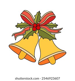 Christmas Bells coloring pages for kids. Christmas bell hanging on ribbon and holly berries leaves coloring page. Christmas Bells isolated on white background. Jingle bells christmas.