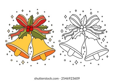 Christmas Bells coloring pages for kids. Christmas bell hanging on ribbon and holly berries leaves coloring page. Christmas Bells isolated on white background. Jingle bells christmas.