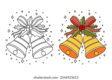 Christmas Bells coloring pages for kids. Christmas bell hanging on ribbon and holly berries leaves coloring page. Christmas Bells isolated on white background. Jingle bells christmas.