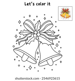 Christmas Bells coloring pages for kids. Christmas bell hanging on ribbon and holly berries leaves coloring page. Christmas Bells isolated on white background. Jingle bells christmas.