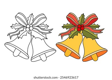 Christmas Bells coloring pages for kids. Christmas bell hanging on ribbon and holly berries leaves coloring page. Christmas Bells isolated on white background. Jingle bells christmas.