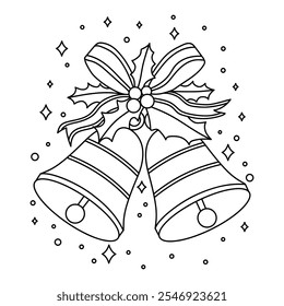 Christmas Bells coloring pages for kids. Christmas bell hanging on ribbon and holly berries leaves coloring page. Christmas Bells isolated on white background. Jingle bells christmas.