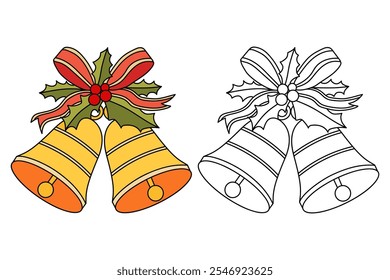 Christmas Bells coloring pages for kids. Christmas bell hanging on ribbon and holly berries leaves coloring page. Christmas Bells isolated on white background. Jingle bells christmas.