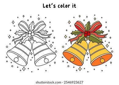 Christmas Bells coloring pages for kids. Christmas bell hanging on ribbon and holly berries leaves coloring page. Christmas Bells isolated on white background. Jingle bells christmas.