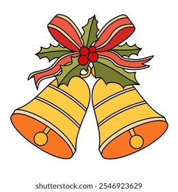 Christmas Bells coloring pages for kids. Christmas bell hanging on ribbon and holly berries leaves coloring page. Christmas Bells isolated on white background. Jingle bells christmas.