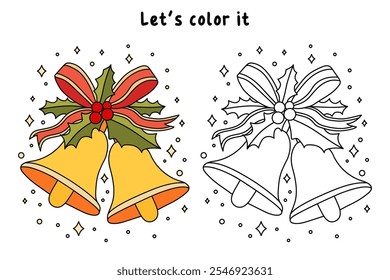 Christmas Bells coloring pages for kids. Christmas bell hanging on ribbon and holly berries leaves coloring page. Christmas Bells isolated on white background. Jingle bells christmas.