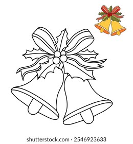 Christmas Bells coloring pages for kids. Christmas bell hanging on ribbon and holly berries leaves coloring page. Christmas Bells isolated on white background. Jingle bells christmas.