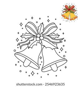 Christmas Bells coloring pages for kids. Christmas bell hanging on ribbon and holly berries leaves coloring page. Christmas Bells isolated on white background. Jingle bells christmas.