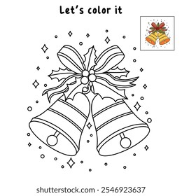 Christmas Bells coloring pages for kids. Christmas bell hanging on ribbon and holly berries leaves coloring page. Christmas Bells isolated on white background. Jingle bells christmas.