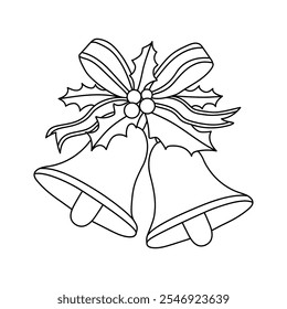 Christmas Bells coloring pages for kids. Christmas bell hanging on ribbon and holly berries leaves coloring page. Christmas Bells isolated on white background. Jingle bells christmas.